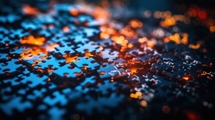 Close-up of colorful jigsaw puzzle pieces illuminated by soft light, creating a vibrant pattern