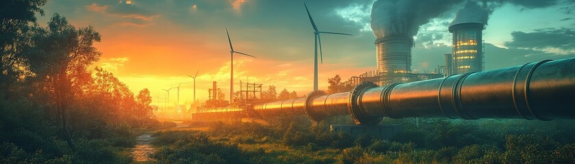 Industrial energy production at sunset wind turbines and pipes landscape photography eco-friendly environment wide view