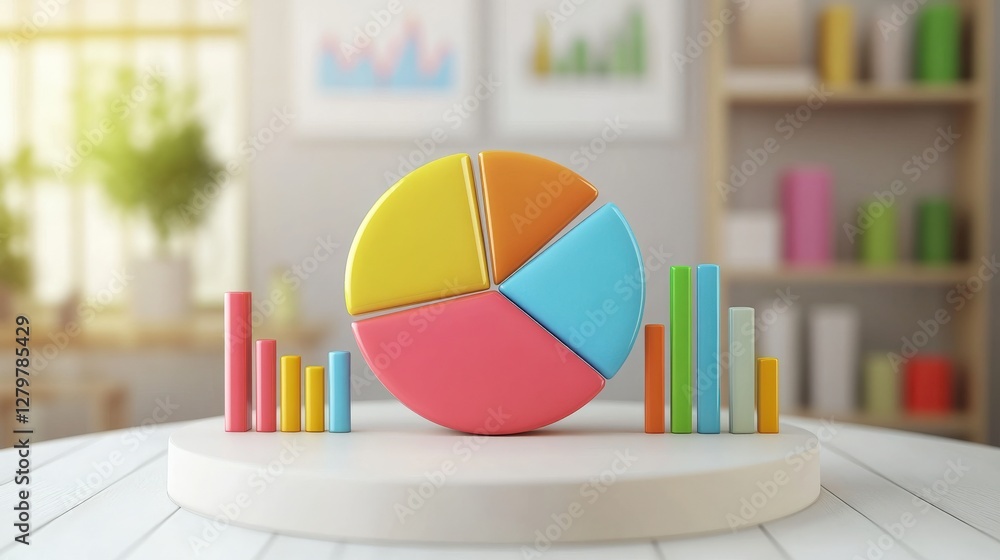 Poster colorful pie chart and bar graph on a table in a modern office with bright decor and charts