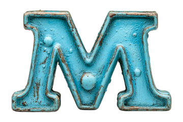 Decorative metal letter M in vibrant blue color