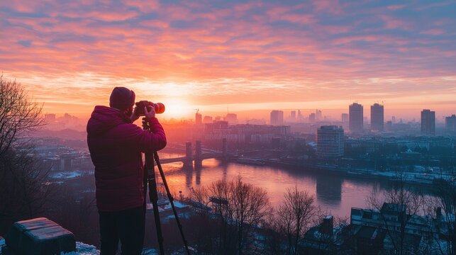 Photographer Capturing Sunset Over City Skyline With River View