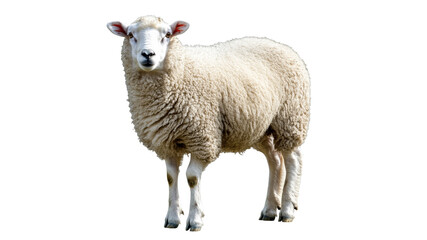 Fototapeta premium Fluffy sheep standing on a green pasture