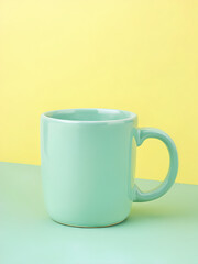 blue mug on blue and yellow