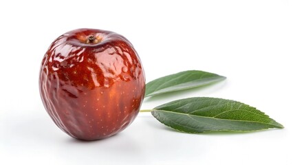 Fototapeta premium Jujube Delight: A close-up shot of a fresh jujube fruit, showcasing its glossy, reddish-brown skin and a few green leaves, conveying freshness and natural sweetness.