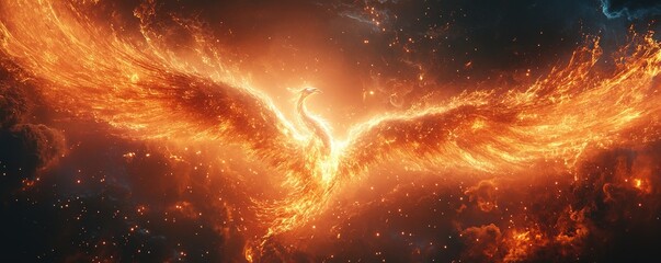 Majestic firebird emerges from cosmic flames space digital art celestial background dramatic perspective resilience symbolism