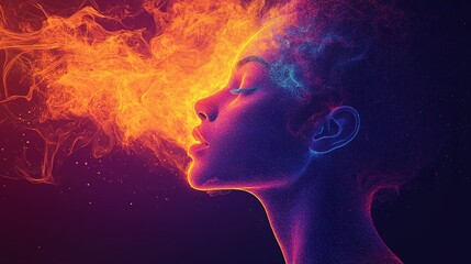 Dynamic fire emission portrait creative studio digital art bold colors side view emotional expression