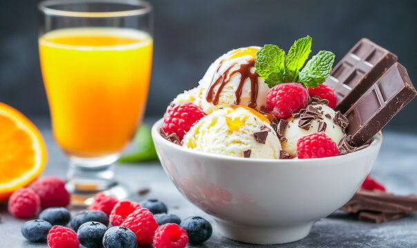 Ice cream bowl with raspberries and chocolate, with orange juice.
