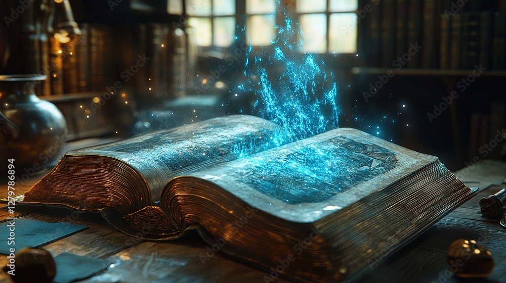 Poster magical spellbinding event enchanted library fantasy book thrilling atmosphere close-up view imagina