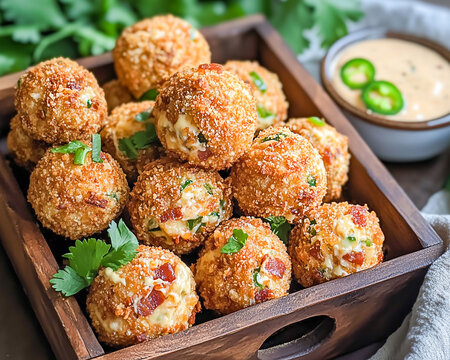 Jalape&ntilde;o and Bacon Cheese Balls with Creamy Dipping Sauce
