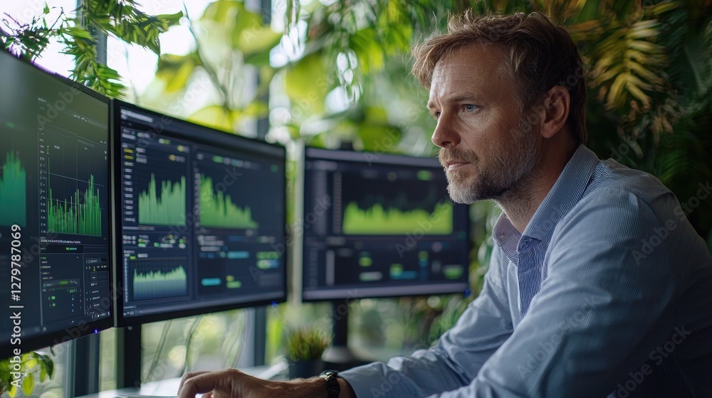 Poster business professional analyzing data on multiple screens in office
