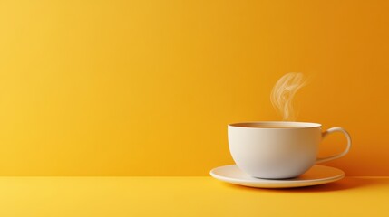 Obraz premium A Cozy White Coffee Cup with Steam on Bright Yellow Background