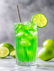 Refreshing green cocktail with lime garnishment and ice on a marble surface