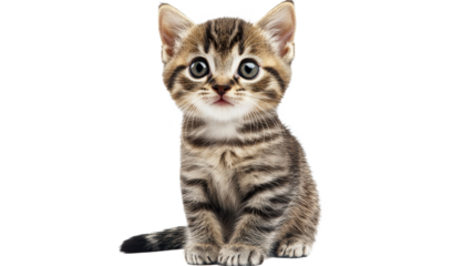 Cute striped kitten looking curiously at camera