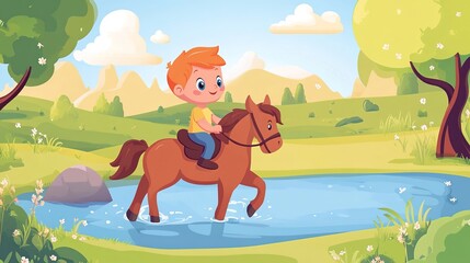 Adorable Cartoon Baby Riding a Horse by the River, Cute and Playful Illustration with a Scenic Natural Background, Whimsical and Child-Friendly Art Style.
