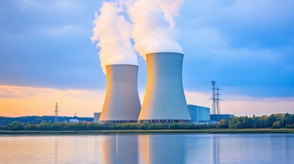 Majestic twin cooling towers of a nuclear power plant at sunset, reflected in calm water.  A serene yet powerful image.