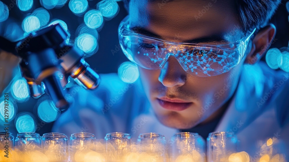 Poster scientist analyzing samples under microscope in modern laboratory