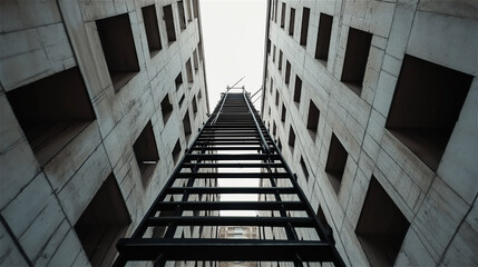 Fototapeta premium The geometric pattern of modern buildings creates an abstract urban landscape. The view from the ground upward highlights the structure and design of the city skyline.