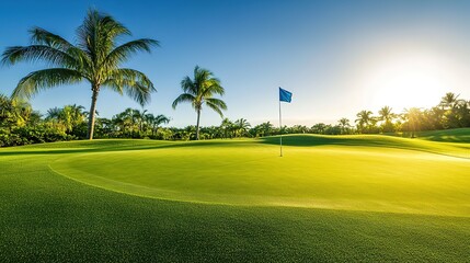 Tropical Golf Course with Lush Green Fairway and Palm Trees at Sunset, Golden Hour Lighting Over a Pristine Putting Green with a Blue Flag, Vibrant Colors and Serene Landscape in a Wide-Angle Professi