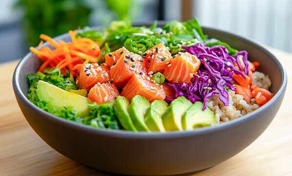 Fresh poke bowl with salmon, purple cabbage, and seaweed