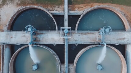 Aerial view of a modern wastewater treatment plant, showcasing circular sedimentation tanks and intricate pipework.  Clean water technology.