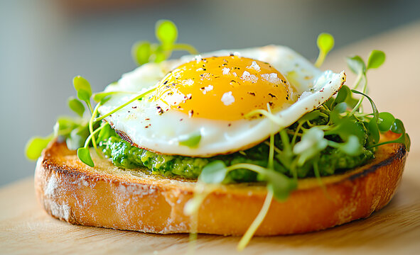 Healthy Breakfast Avocado Toast with Fried Egg and Microgreens