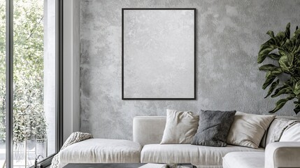 Stylish clean living room featuring ISO A size framed poster The minimalist design and neutral tones blend seamlessly with the modern furniture creating an inviting chic ambiance