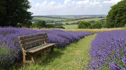 Tranquil Lavender Fields with Serene Bench in Scenic Landscape