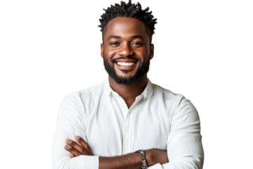 Smiling man with stylish hair poses confidently