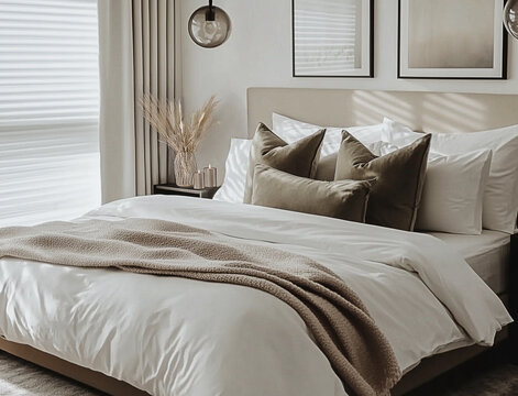 Elegant and cozy bedroom design featuring neutral tones and modern decor in a sunny setting