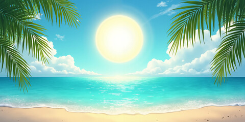 Scenic tropical beach with turquoise ocean, palm leaves, and bright sun in clear sky