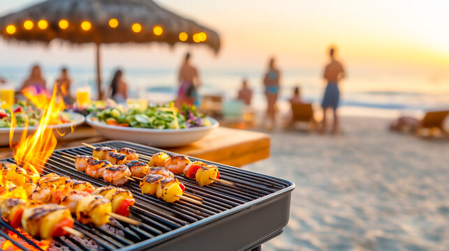 Summer beach party with grilled seafood skewers on barbecue, friends having dinner at sunset on the seashore