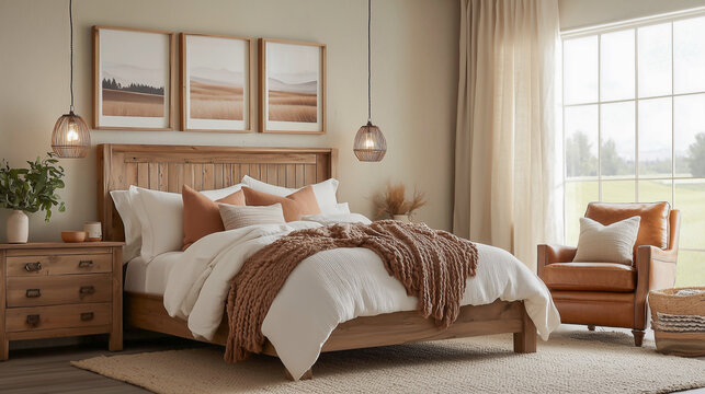 Cozy bedroom design featuring natural elements with elegant furnishings and warm tones for a serene atmosphere