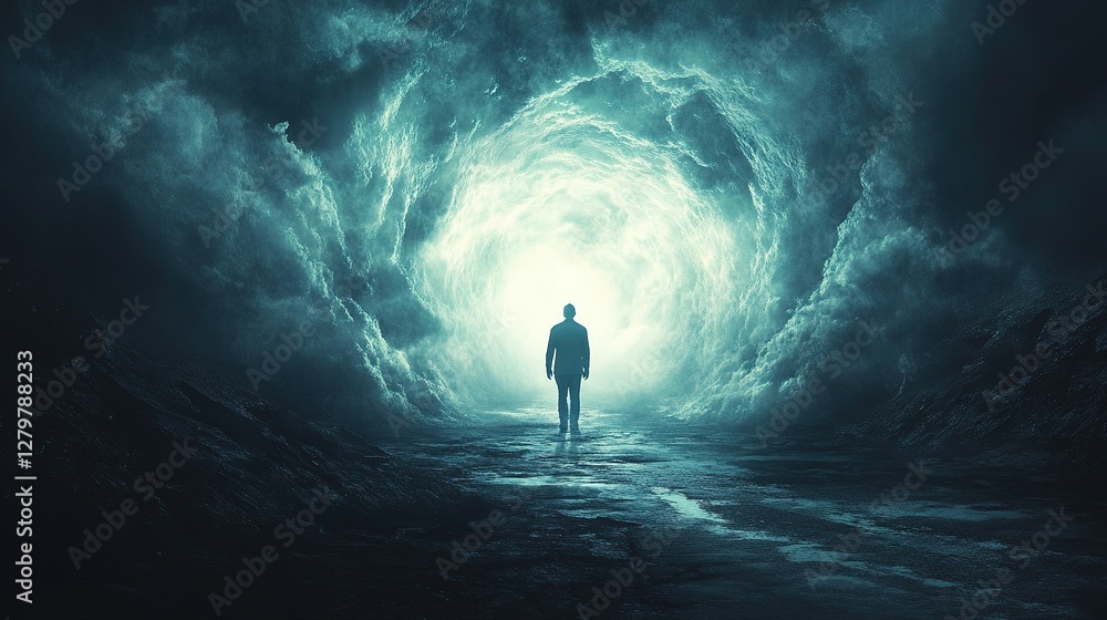 Poster mysterious journey through a cosmic tunnel unknown location surreal image dark atmosphere perspectiv