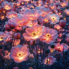 Glowing pink poppies illuminated at dusk in a dense field.