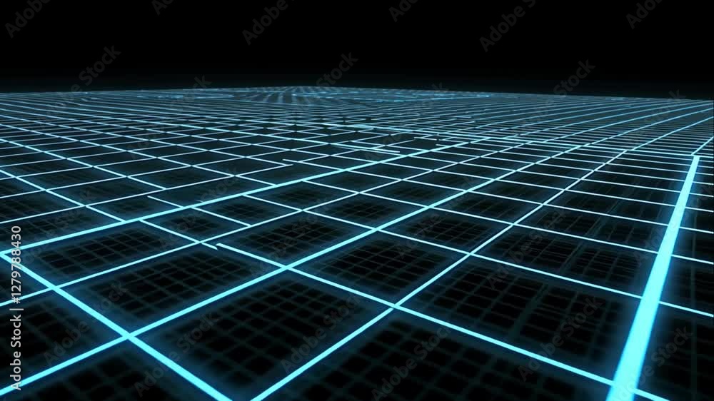 Poster abstract grid pattern with glowing blue lines on black background.
