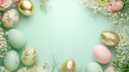 Colorful Easter eggs arranged with delicate flowers on a pastel blue background for spring celebrations