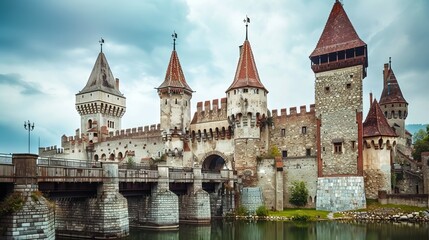 Obraz premium A majestic medieval castle with tall towers and stone walls surrounded by a tranquil body of water under a cloudy sky.