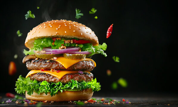 Double Cheeseburger with Flying Ingredients on Dark Background