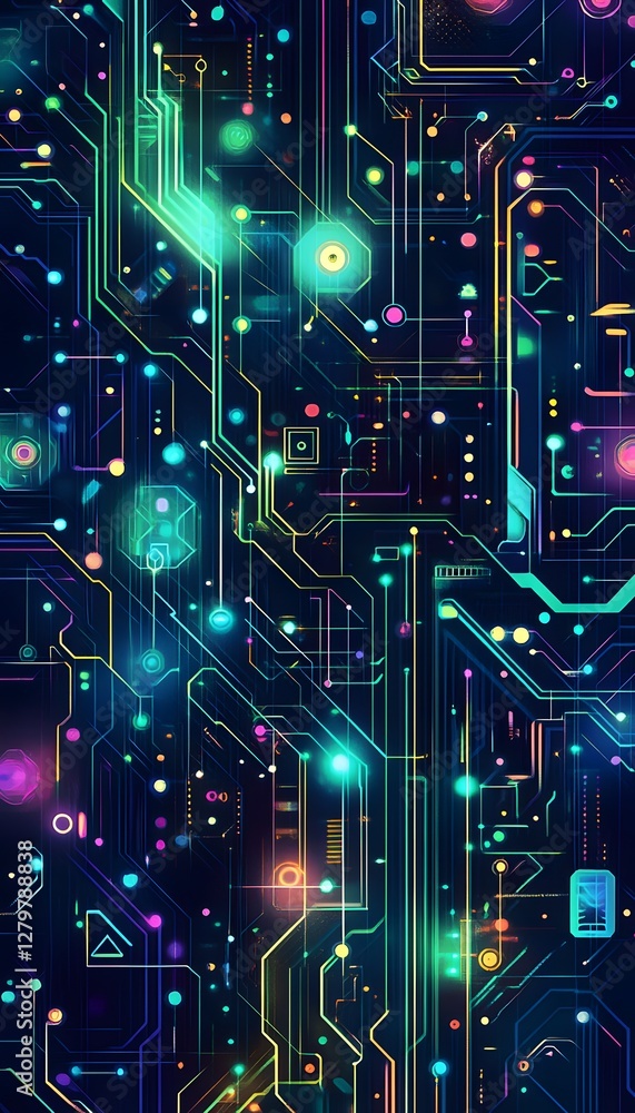 Poster an abstract depiction of an intricate colorful circuit board design