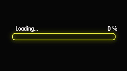 Green loading bar progress animation with glowing  round corners , loading bar 0-100 on black background. 