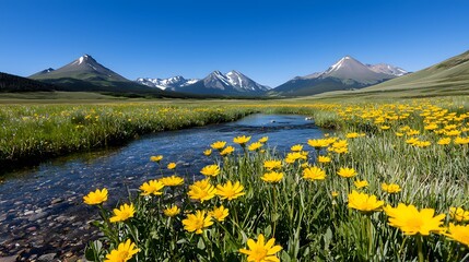 Fototapeta premium Blooming wildflowers by a crystal-clear stream in a majestic mountain landscape nature photography stunning viewpoint