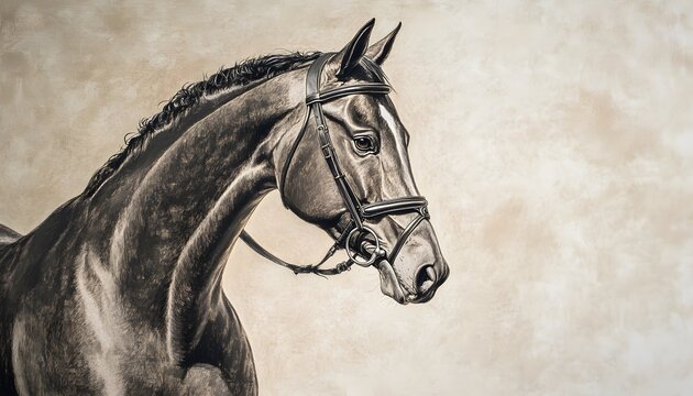 Detailed monochrome artwork showcases a horse wearing a bridle