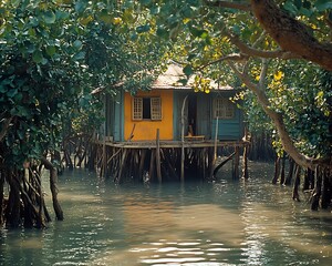 Obraz premium Yellow House on Stilts in Mangrove Swamp