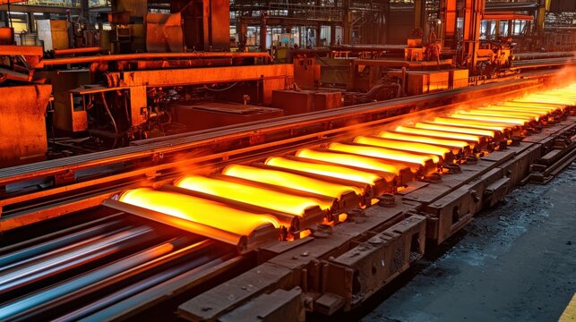 Glowing hot steel billets moving on a continuous casting machine in a steel mill.  Industrial production and manufacturing concept.