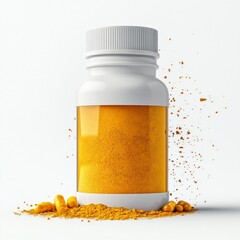 Curcumin supplement bottle with capsules and powder on white background