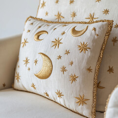 Beige Cushion with Gold Moon and Stars Embroidery