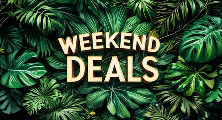 Weekend deals lettering on jungle leaves background