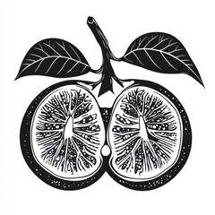A halved citrus fruit with leaves is depicted in black and white