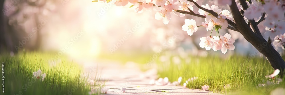 Poster warm sunlight filters through blooming cherry tree branches, creating a dreamy atmosphere over a sto