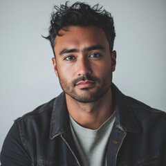 Obraz premium Portrait of a Young Man with Dark Hair and Beard Wearing a Denim Jacket